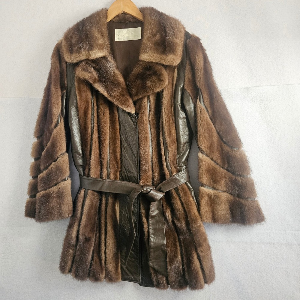 Conklin Furs Vintage Mink Fur and Leather Belted Coat Brown Mid-Length